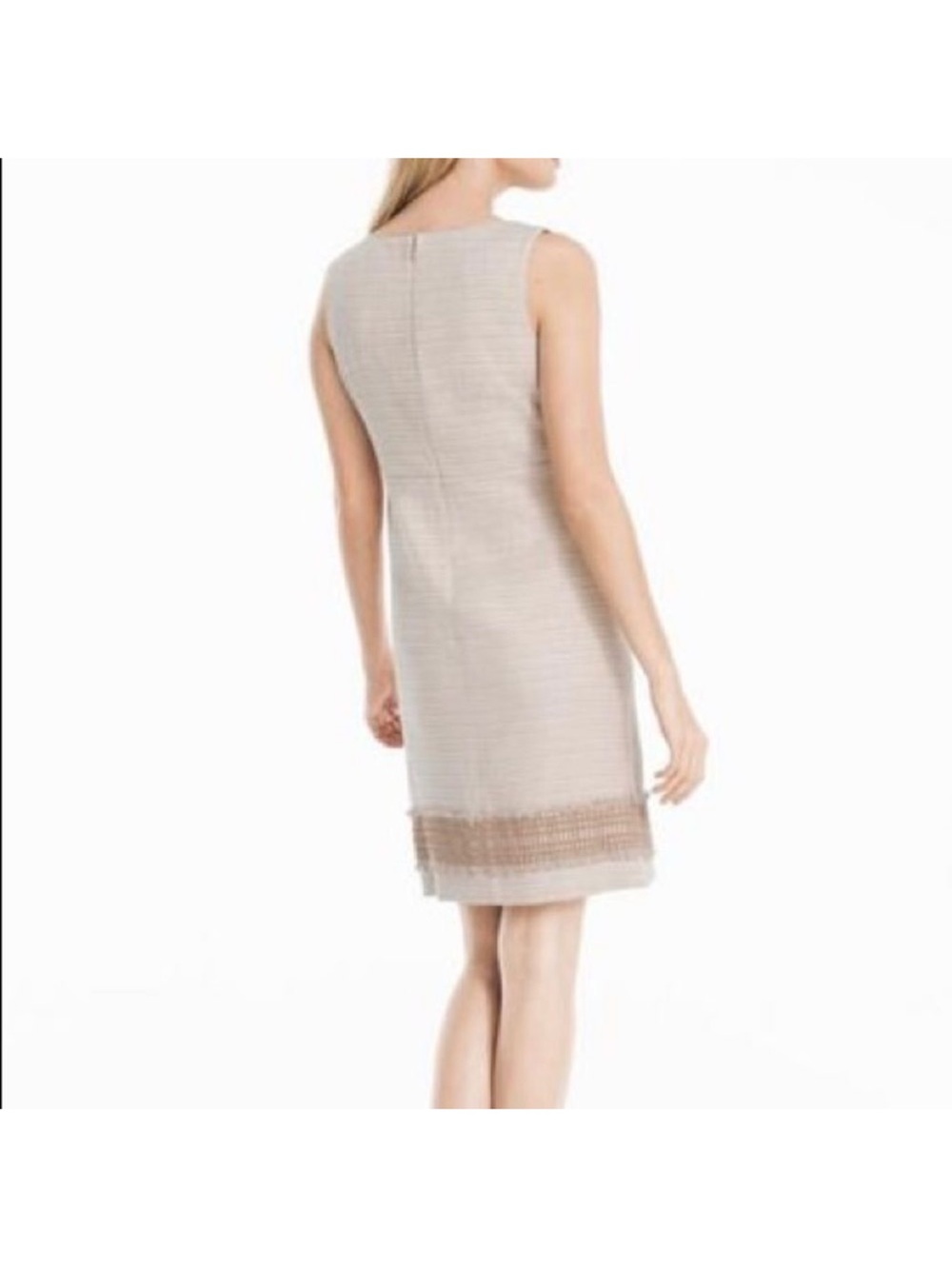 WHBM Neutral Linen Blend Tan Sheath Dress with fringe crochet lace details 4 - Picture 3 of 15